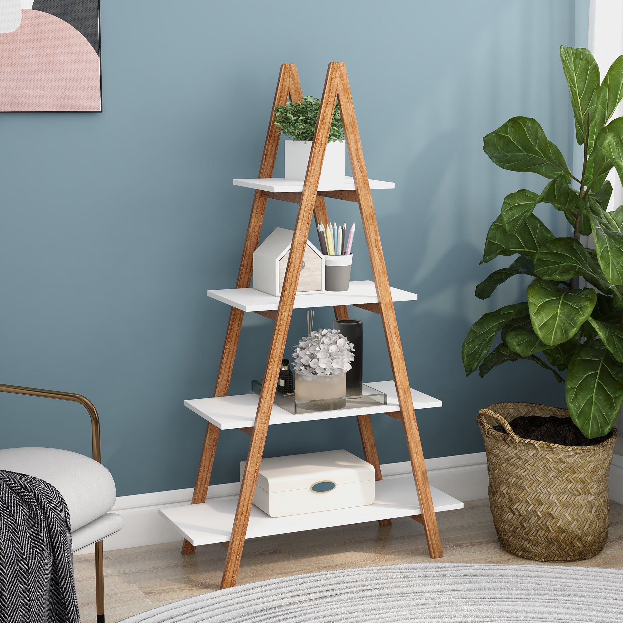 Solid bamboo wood oxford 'A' frame ladder display bookshelf-UH Decor-Default-Urbanheer