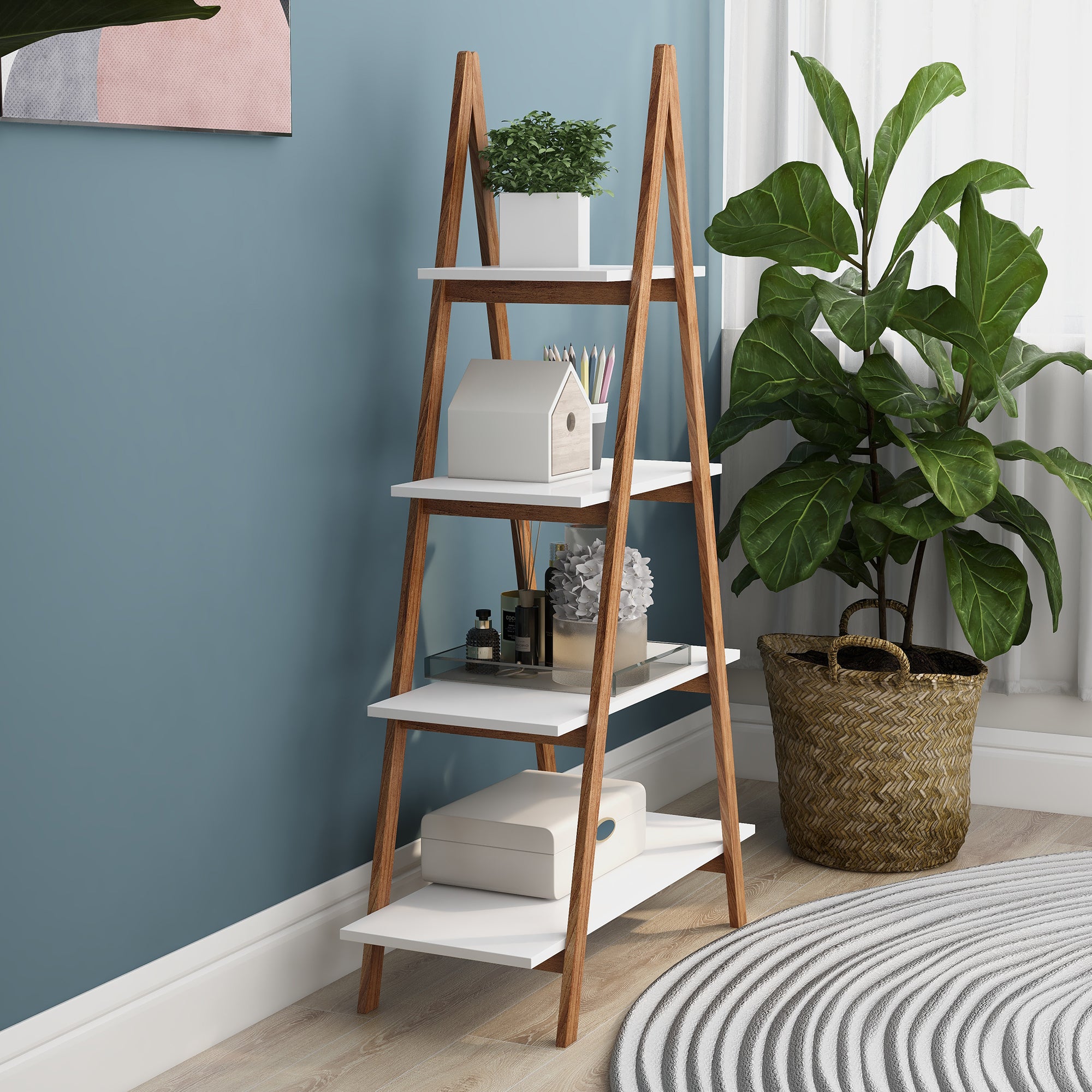 Solid bamboo wood oxford 'A' frame ladder display bookshelf-UH Decor-Default-Urbanheer