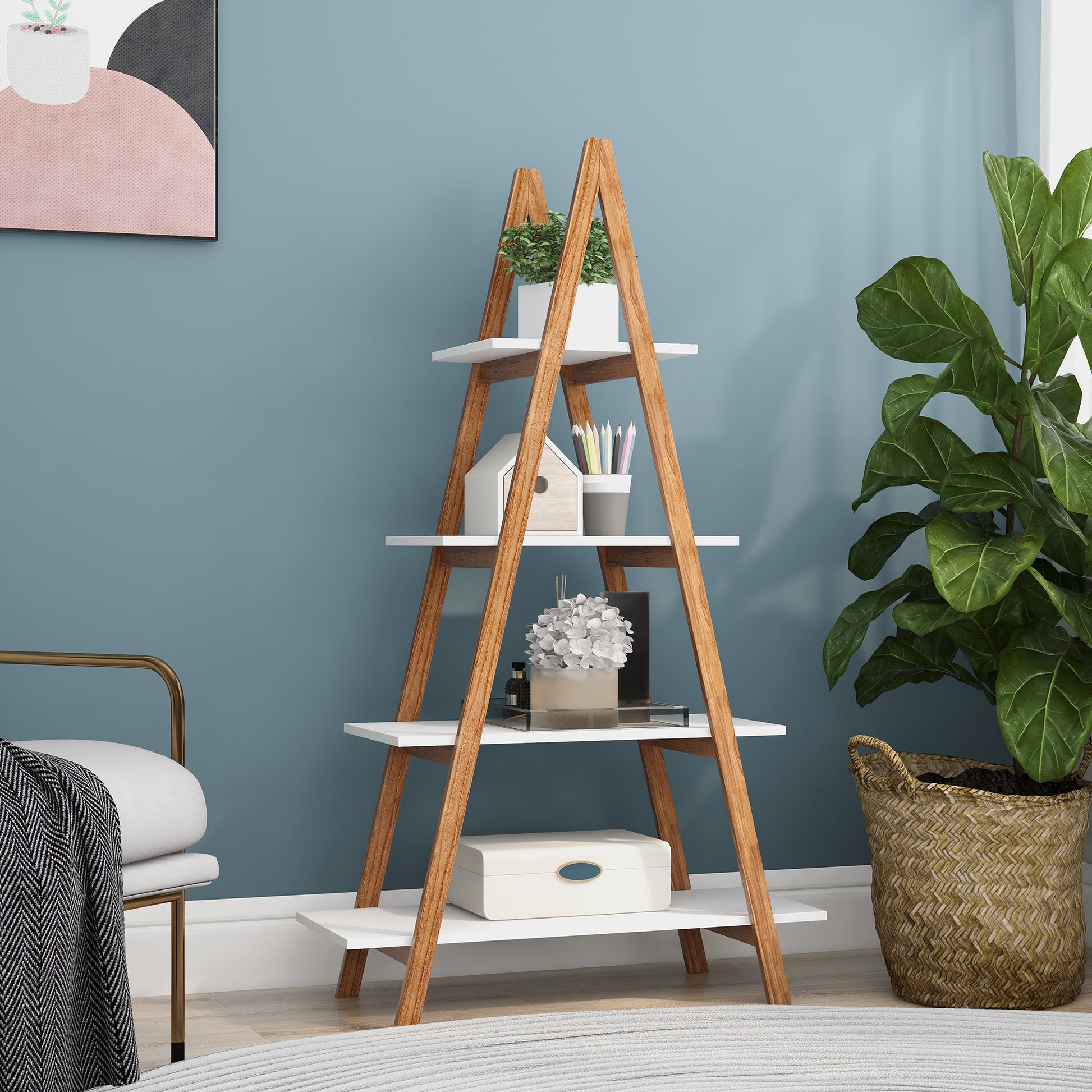 Solid bamboo wood oxford 'A' frame ladder display bookshelf-UH Decor-Default-Urbanheer