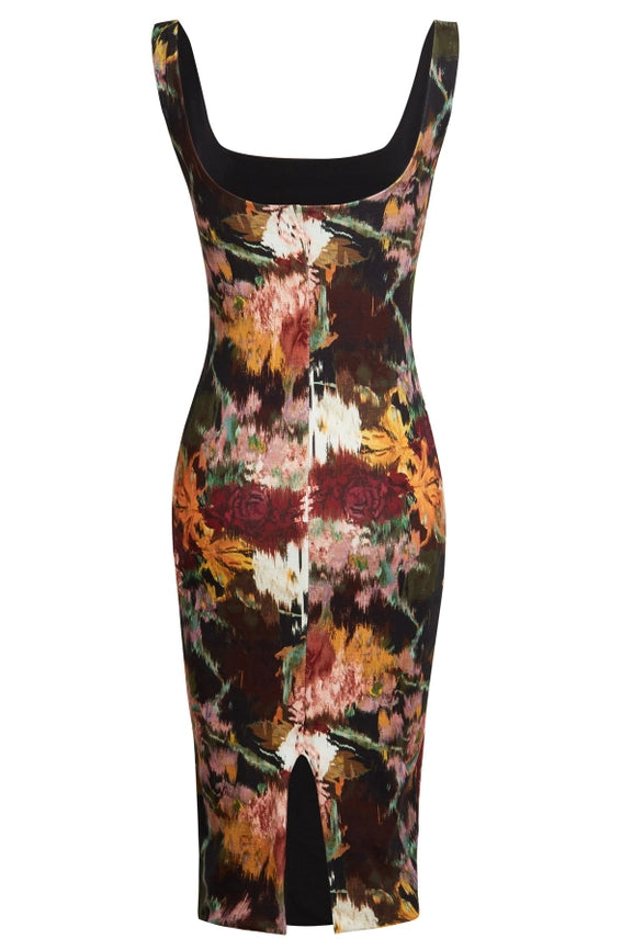 Sophia - Floral Scoop Neckline Stretchy Midi Dress-Dress-SARVIN-XS-Warm Tone Floral-Urbanheer