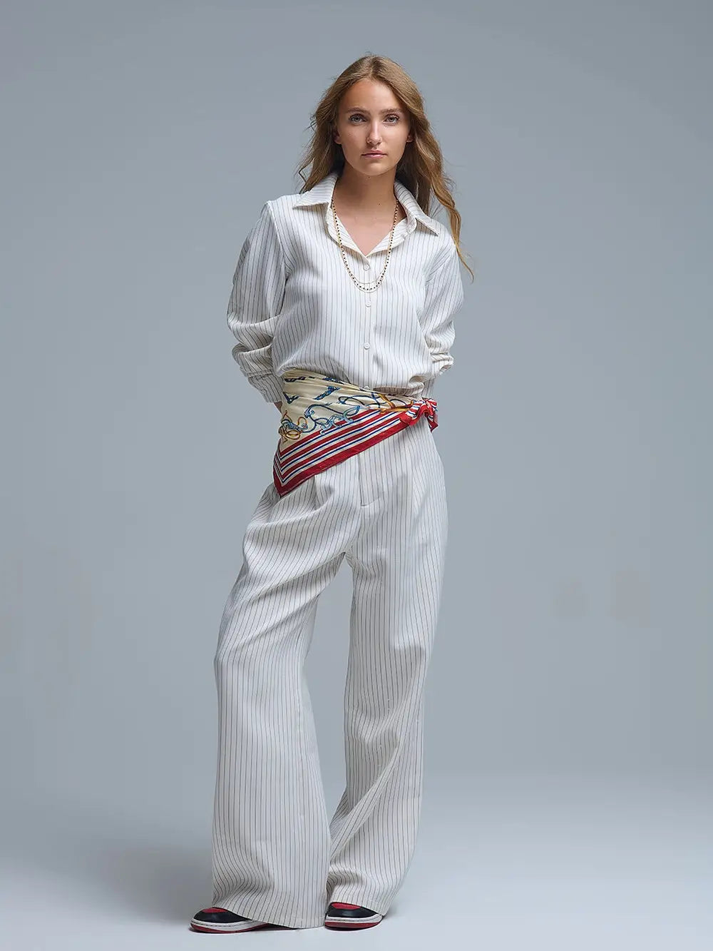 Sophisticated Pinstripe Cream-Striped High-Neck Shirt