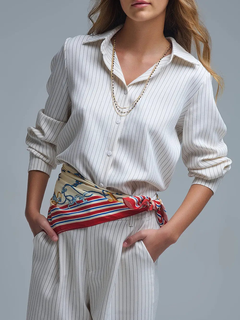 Sophisticated Pinstripe Cream-Striped High-Neck Shirt