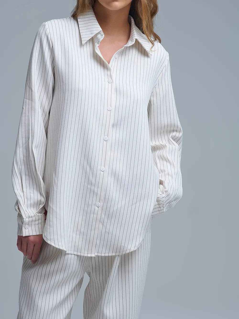 Sophisticated Pinstripe Cream-Striped High-Neck Shirt