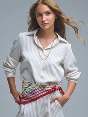 Sophisticated Pinstripe Cream-Striped High-Neck Shirt