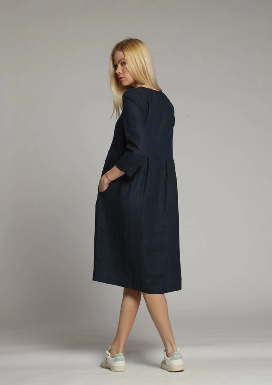 Sorrento Loose Linen Dress with Sleeves and High Waist-Dress-Truly Linen-XS-Black-Urbanheer