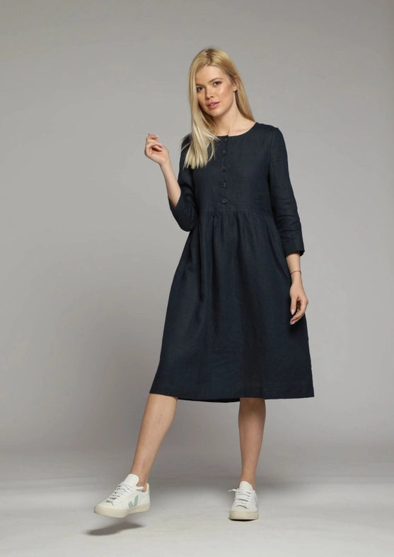 Sorrento Loose Linen Dress with Sleeves and High Waist-Dress-Truly Linen-XS-Black-Urbanheer