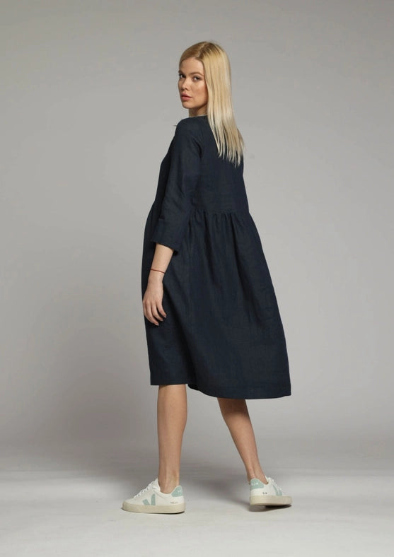 Sorrento Loose Linen Dress with Sleeves and High Waist-Dress-Truly Linen-XS-Black-Urbanheer