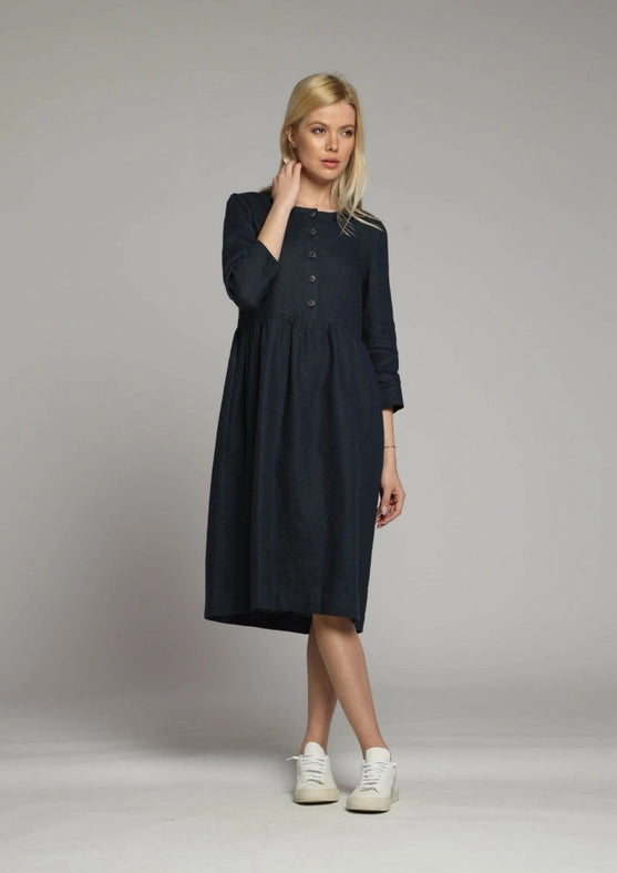 Sorrento Loose Linen Dress with Sleeves and High Waist-Dress-Truly Linen-XS-Black-Urbanheer