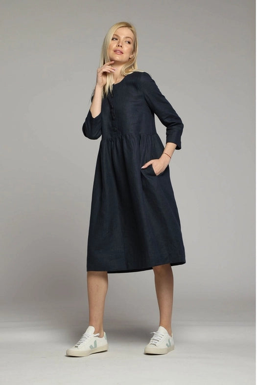 Sorrento Loose Linen Dress with Sleeves and High Waist-Dress-Truly Linen-XS-Black-Urbanheer