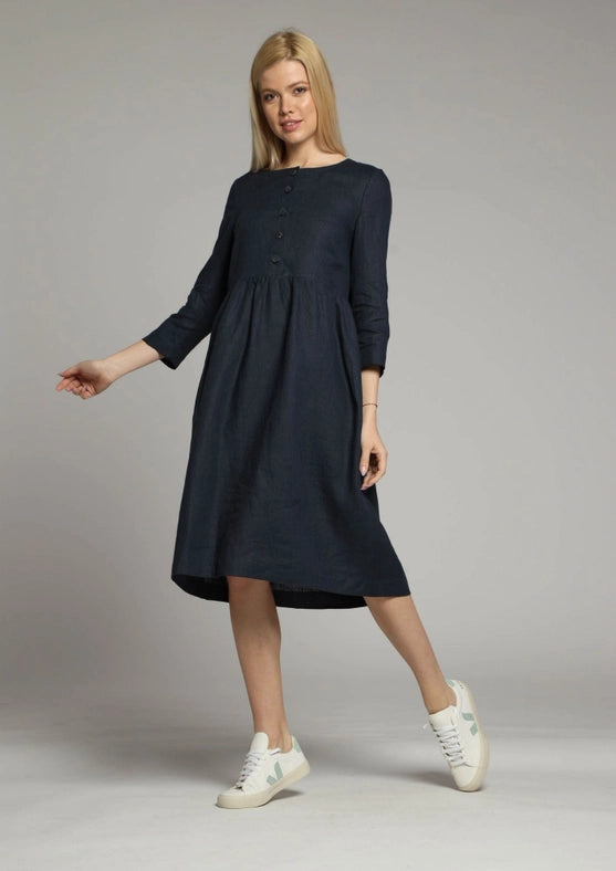 Sorrento Loose Linen Dress with Sleeves and High Waist-Dress-Truly Linen-XS-Black-Urbanheer
