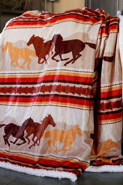 Southwest Running Horse Country Plush Fur Sherpa Fleece Throw Blanket