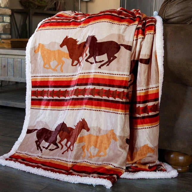 Southwest Running Horse Country Plush Fur Sherpa Fleece Throw Blanket