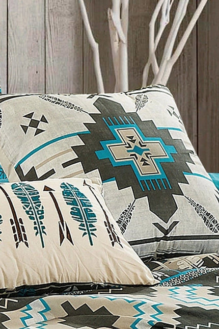 Southwestern Tan Navajo Turquoise Feather Aztec Comforter - 5 Piece Set