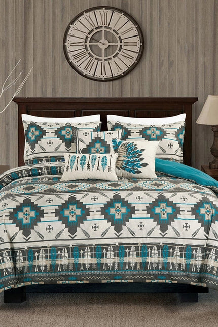 Southwestern Tan Navajo Turquoise Feather Aztec Comforter - 5 Piece Set