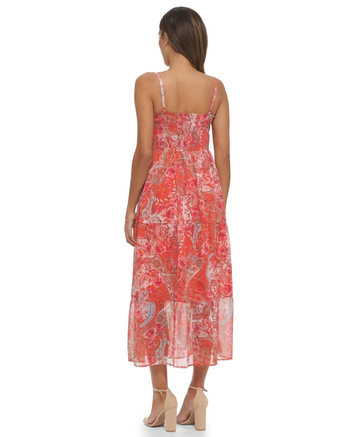 Spaghetti Strap Paisley Printed Maxi-Dress-Kensie Dresses-0-TANGERINE MULTI-Urbanheer