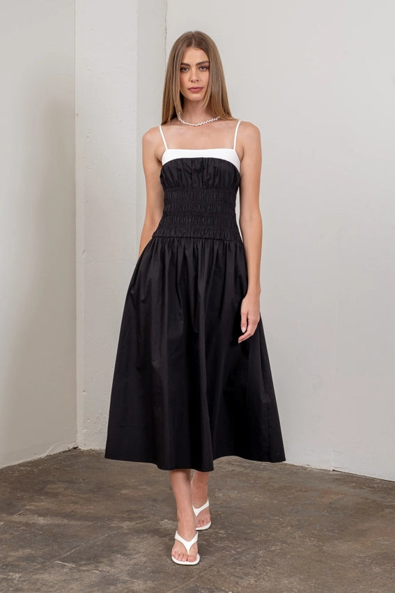 Spaghetti Strap Smocked Midi Dress BLACK-Dress-Moon River-XS-BLACK-Urbanheer