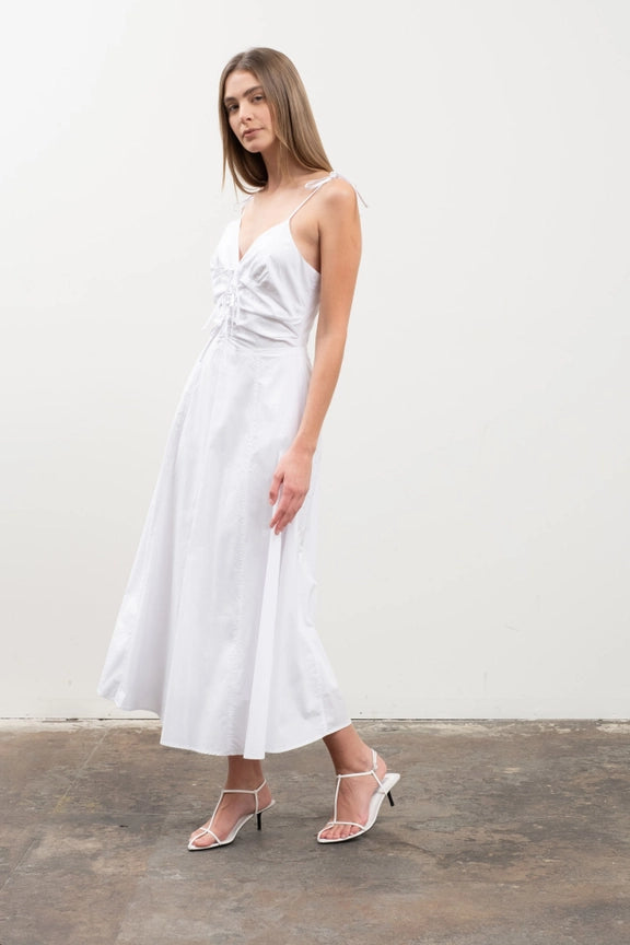 Spaghetti Strap V-Neck Tie Strap Detail Midi Dress WHITE-Dress-Moon River-XS-WHITE-Urbanheer
