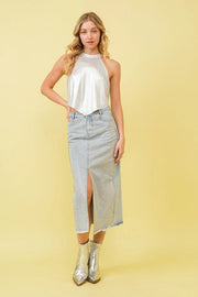 Sparkle Studded Slit Center Midi Skirts-Skirt-Blue B-S-LIGHT WASH-Urbanheer