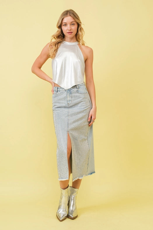 Sparkle Studded Slit Center Midi Skirts-Skirt-Blue B-S-LIGHT WASH-Urbanheer