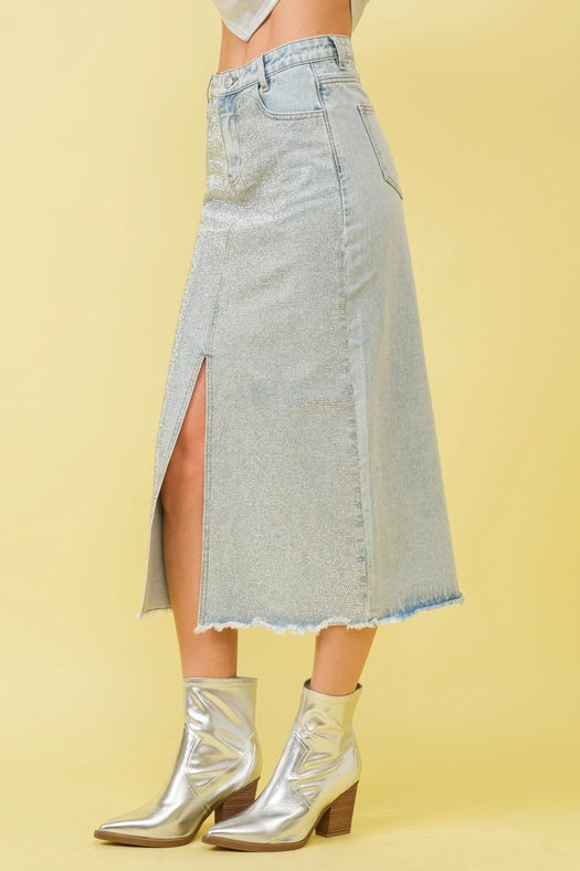 Sparkle Studded Slit Center Midi Skirts-Skirt-Blue B-S-LIGHT WASH-Urbanheer