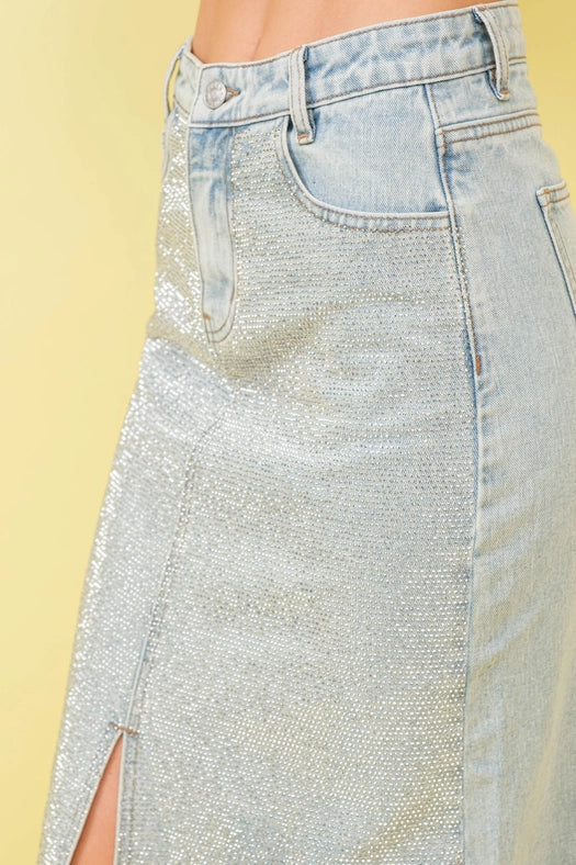 Sparkle Studded Slit Center Midi Skirts-Skirt-Blue B-S-LIGHT WASH-Urbanheer