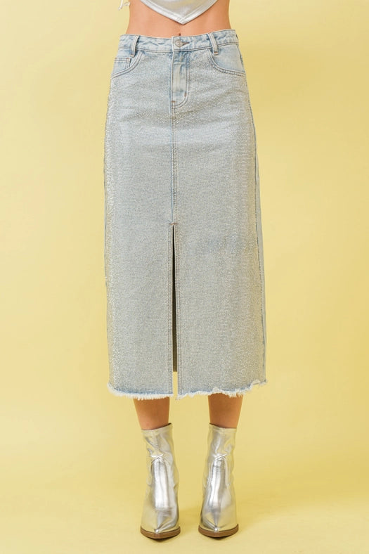 Sparkle Studded Slit Center Midi Skirts-Skirt-Blue B-S-LIGHT WASH-Urbanheer