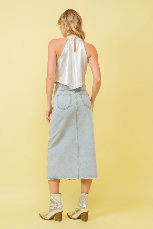 Sparkle Studded Slit Center Midi Skirts-Skirt-Blue B-S-LIGHT WASH-Urbanheer