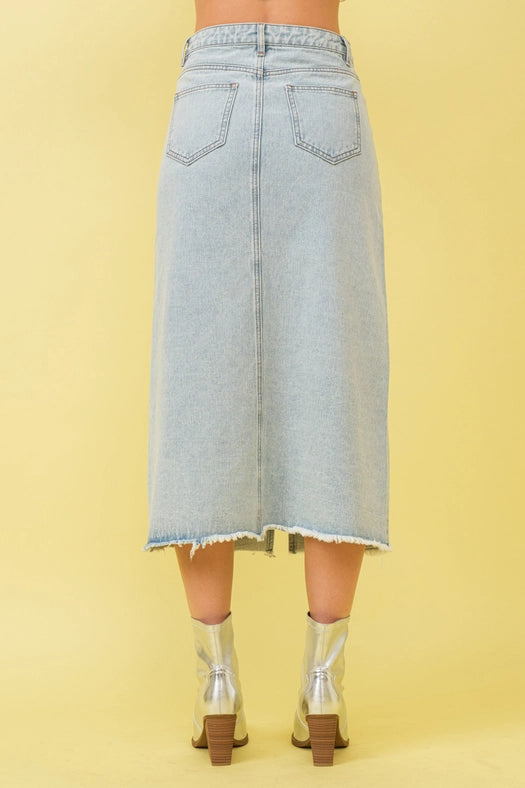 Sparkle Studded Slit Center Midi Skirts-Skirt-Blue B-S-LIGHT WASH-Urbanheer