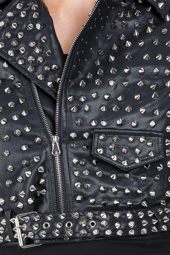 Spiky Studded Vegan Leather Crop Biker Jacket-Jacket-Beulah Style-S-Black-Urbanheer