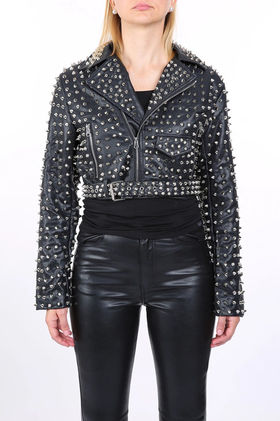 Spiky Studded Vegan Leather Crop Biker Jacket-Jacket-Beulah Style-S-Black-Urbanheer