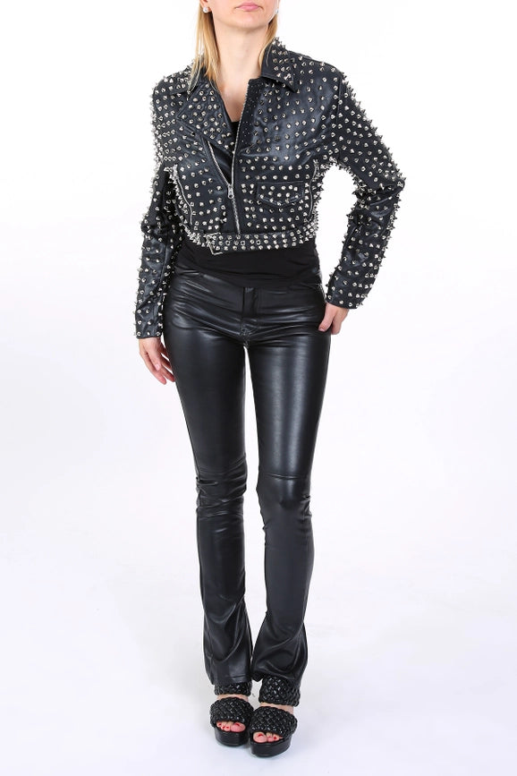 Spiky Studded Vegan Leather Crop Biker Jacket-Jacket-Beulah Style-S-Black-Urbanheer