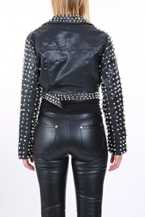 Spiky Studded Vegan Leather Crop Biker Jacket-Jacket-Beulah Style-S-Black-Urbanheer