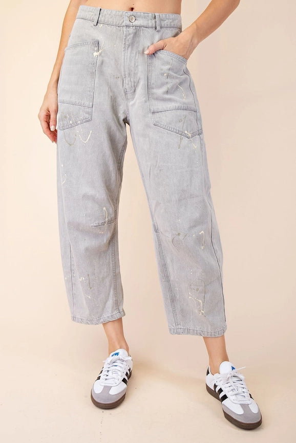 Splatter Paint Barrel Jeans-Jeans-Peace Love Line-S-OYSTER GREY-Urbanheer