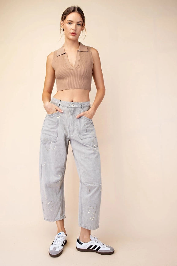 Splatter Paint Barrel Jeans-Jeans-Peace Love Line-S-OYSTER GREY-Urbanheer