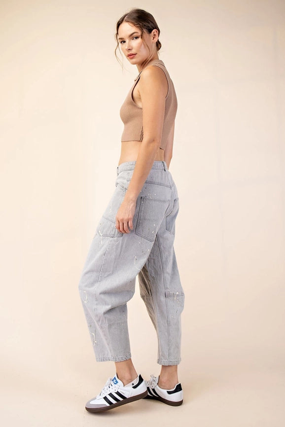 Splatter Paint Barrel Jeans-Jeans-Peace Love Line-S-OYSTER GREY-Urbanheer