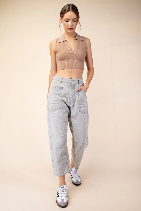 Splatter Paint Barrel Jeans-Jeans-Peace Love Line-S-OYSTER GREY-Urbanheer