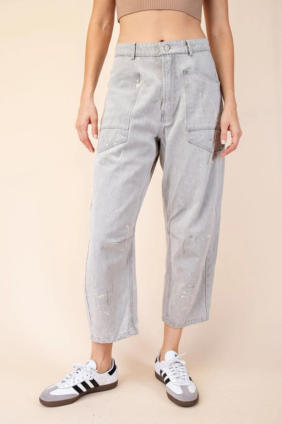 Splatter Paint Barrel Jeans-Jeans-Peace Love Line-S-OYSTER GREY-Urbanheer
