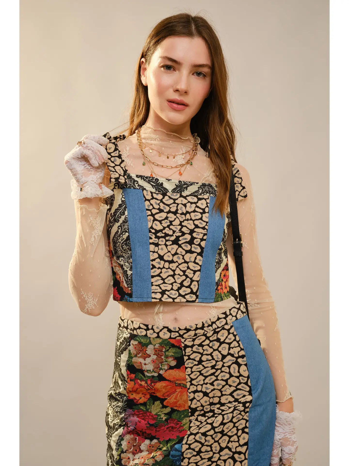 Square Neck Bow Strap Patchwork Bustier