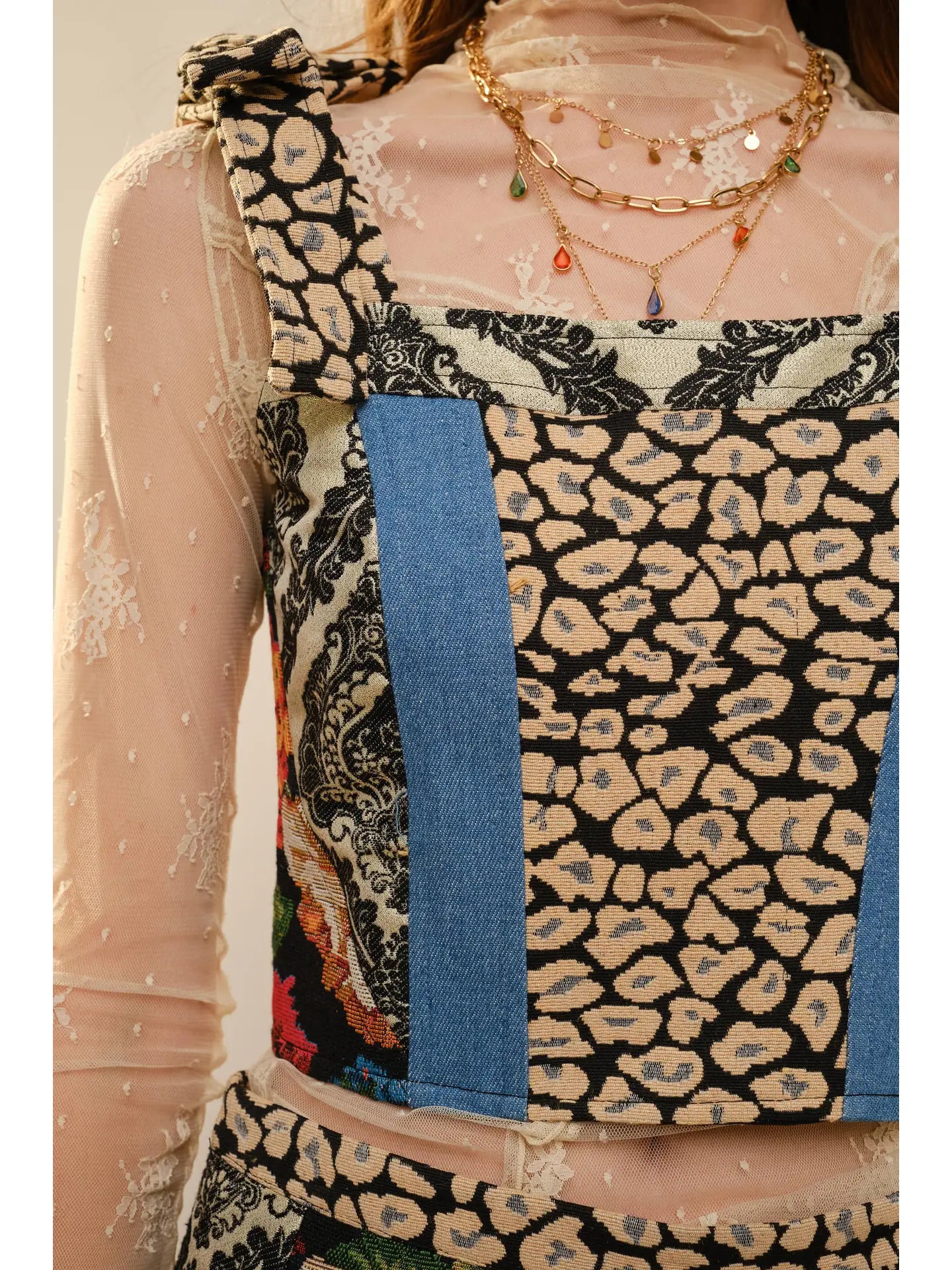 Square Neck Bow Strap Patchwork Bustier