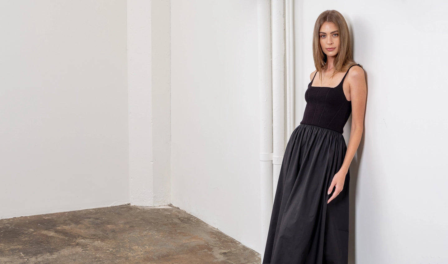 Square Neck Corset Top Mix Media Dress-Dress-Moon River-S-BLACK-Urbanheer