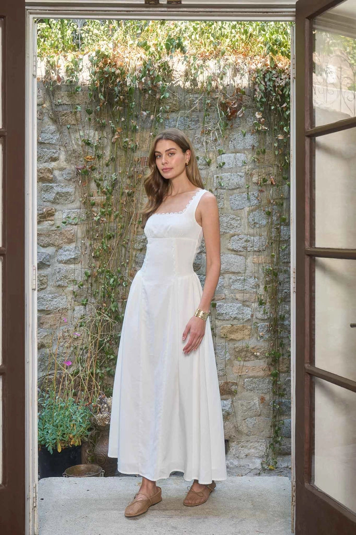 Square Neck Lace Trim Corset Detail Midi Dress - Off White