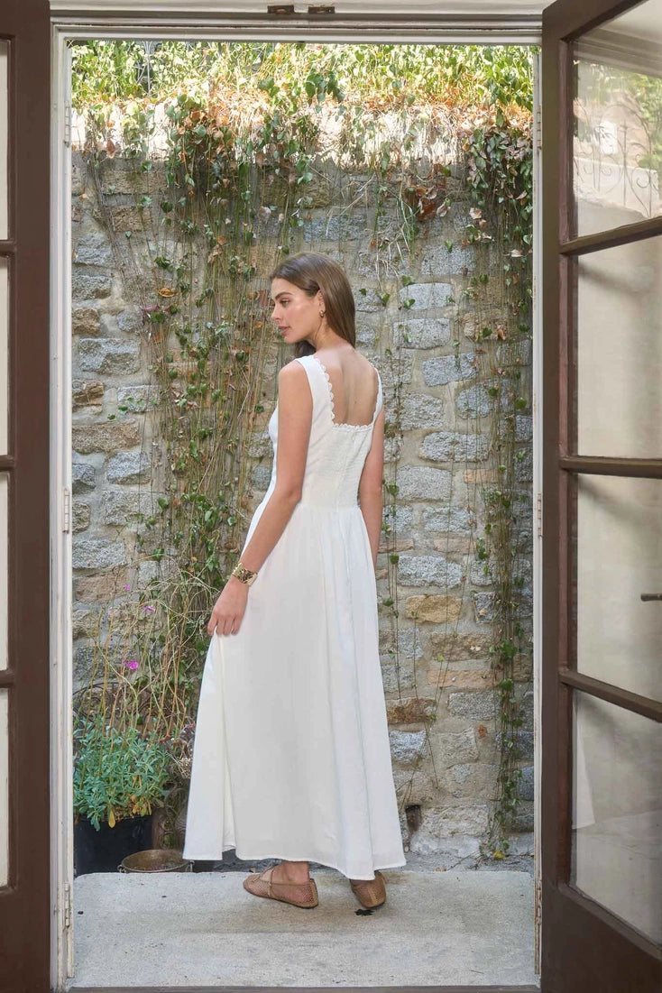 Square Neck Lace Trim Corset Detail Midi Dress - Off White