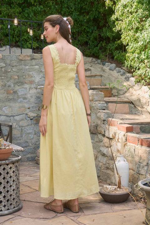Square Neck Lace Trim Corset Detail Midi Dress - Yellow