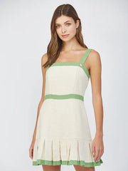 Square Neck Pleated Tweed Dress-Dress-FATE-S-CREAM/GREEN-Urbanheer