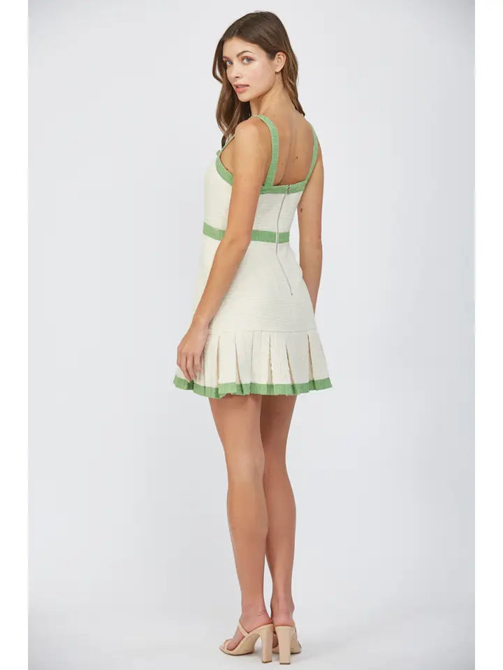 Square Neck Pleated Tweed Dress-Dress-FATE-S-CREAM/GREEN-Urbanheer