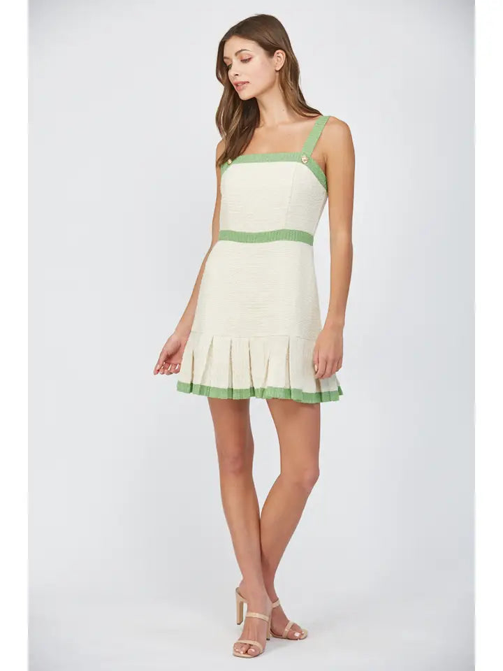 Square Neck Pleated Tweed Dress-Dress-FATE-S-CREAM/GREEN-Urbanheer