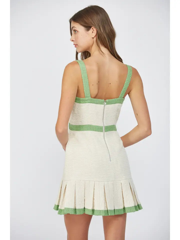 Square Neck Pleated Tweed Dress-Dress-FATE-S-CREAM/GREEN-Urbanheer