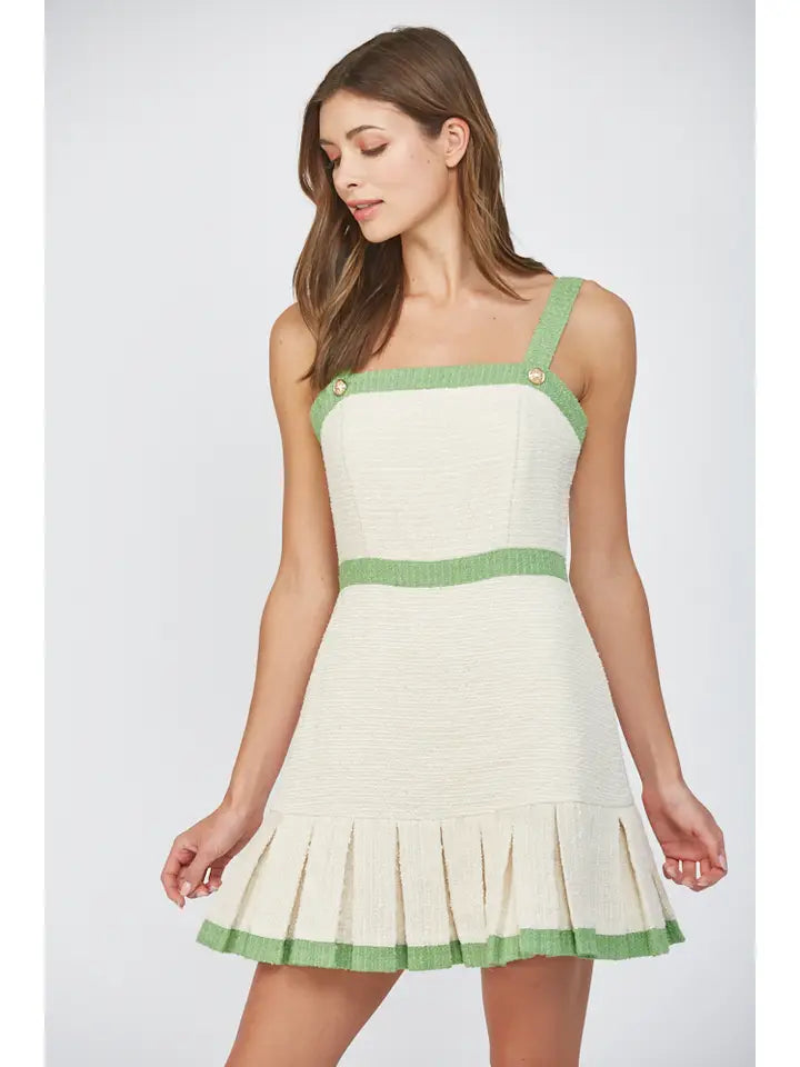 Square Neck Pleated Tweed Dress-Dress-FATE-S-CREAM/GREEN-Urbanheer