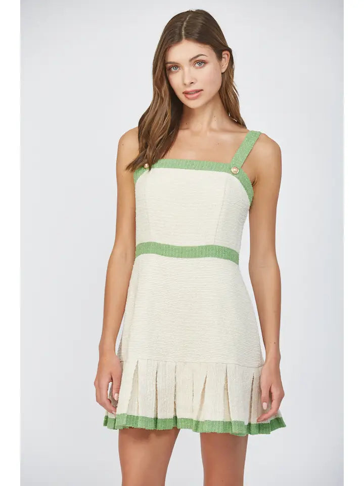 Square Neck Pleated Tweed Dress-Dress-FATE-S-CREAM/GREEN-Urbanheer
