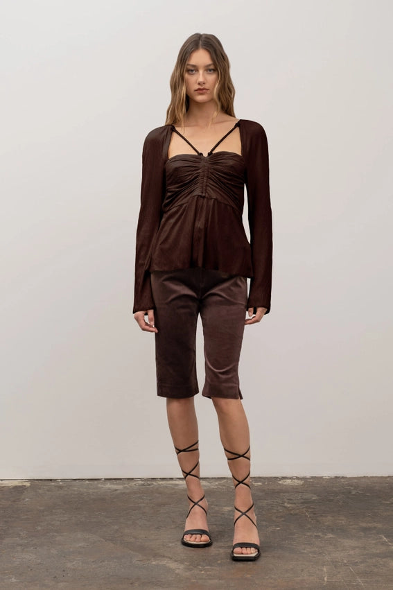 Square Neck Shirred Long Sleeve Top-Top-Moon River-XS-BROWN-Urbanheer